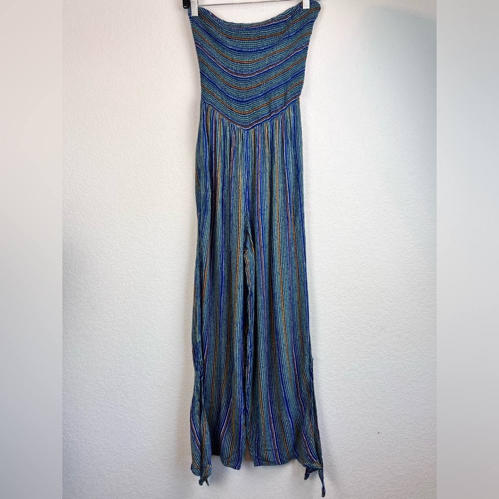 Urban Outfitters Blue Multicolor Striped Strapless Jumpsuit
